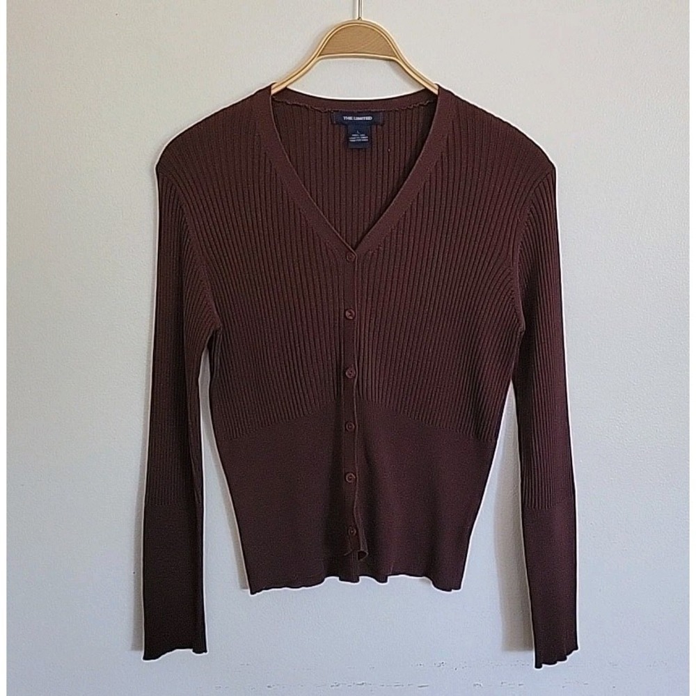 The Limited Vintage Silk Rib Knit Cardigan Large Chocolate Brown Button Up Basic